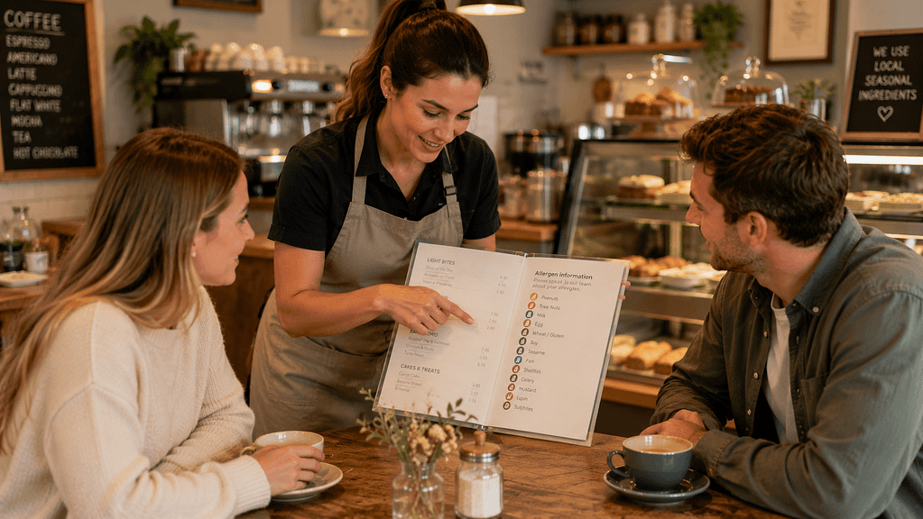 Café employee discussing allergen information with customers before ordering food