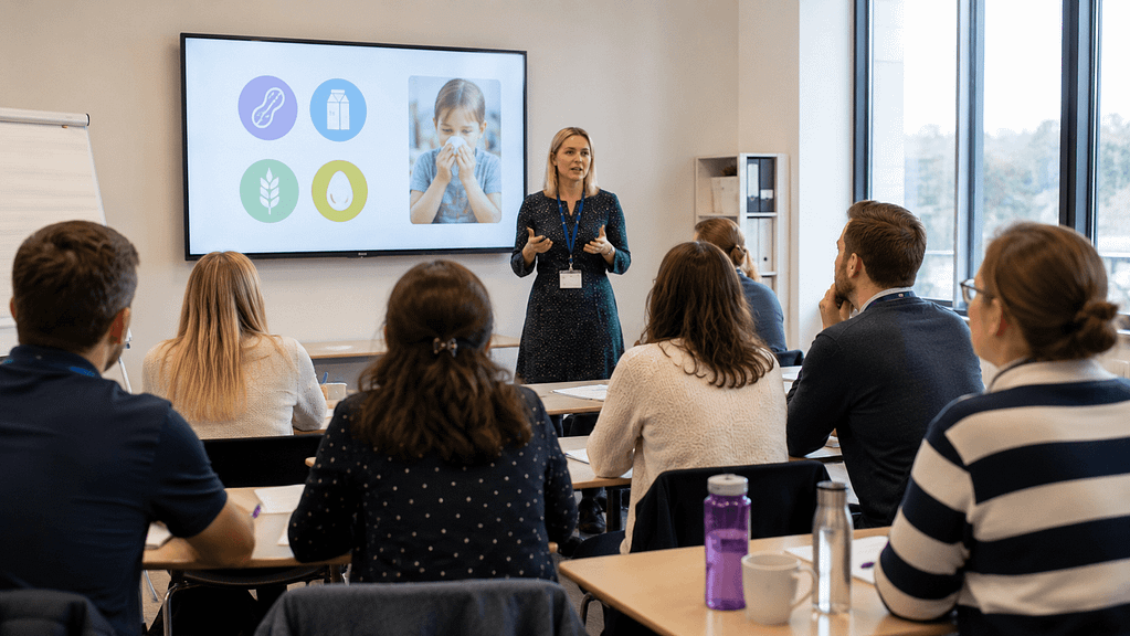 School staff attending an allergy awareness training session led by an instructor in a classroom setting