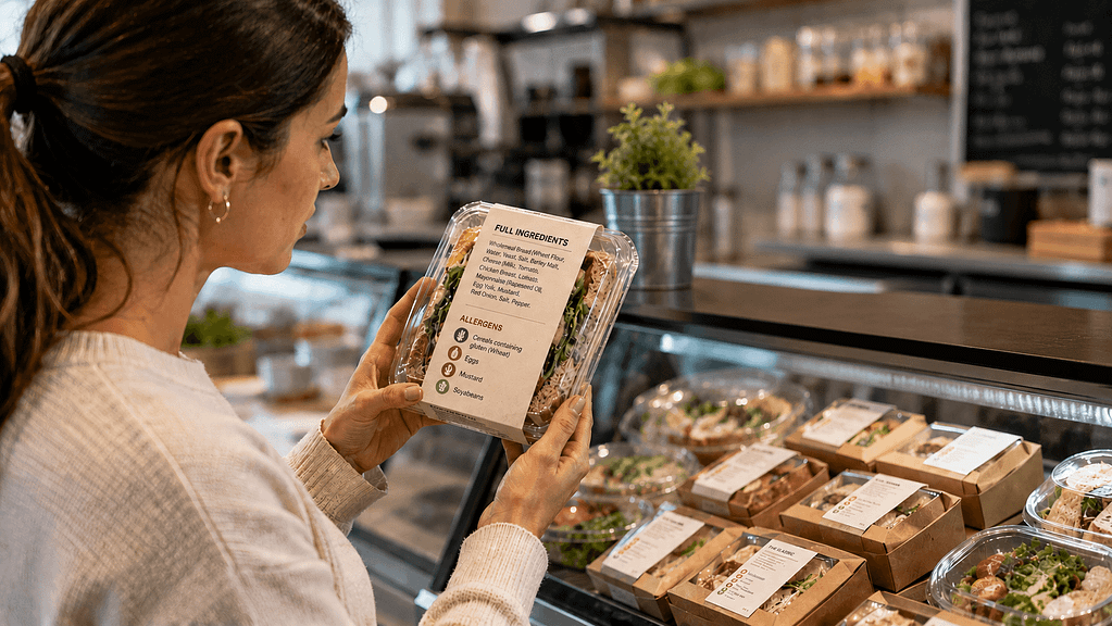 Customer reading ingredient and allergen information on a prepacked food product in a café display cabinet