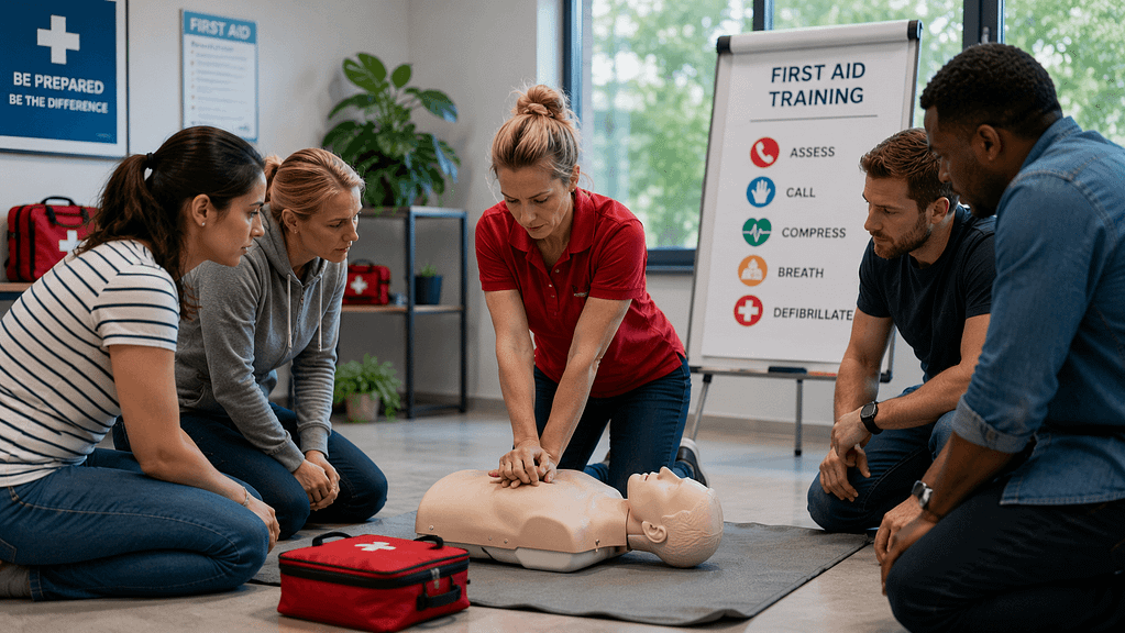 Participants learning CPR techniques during a practical first aid training course