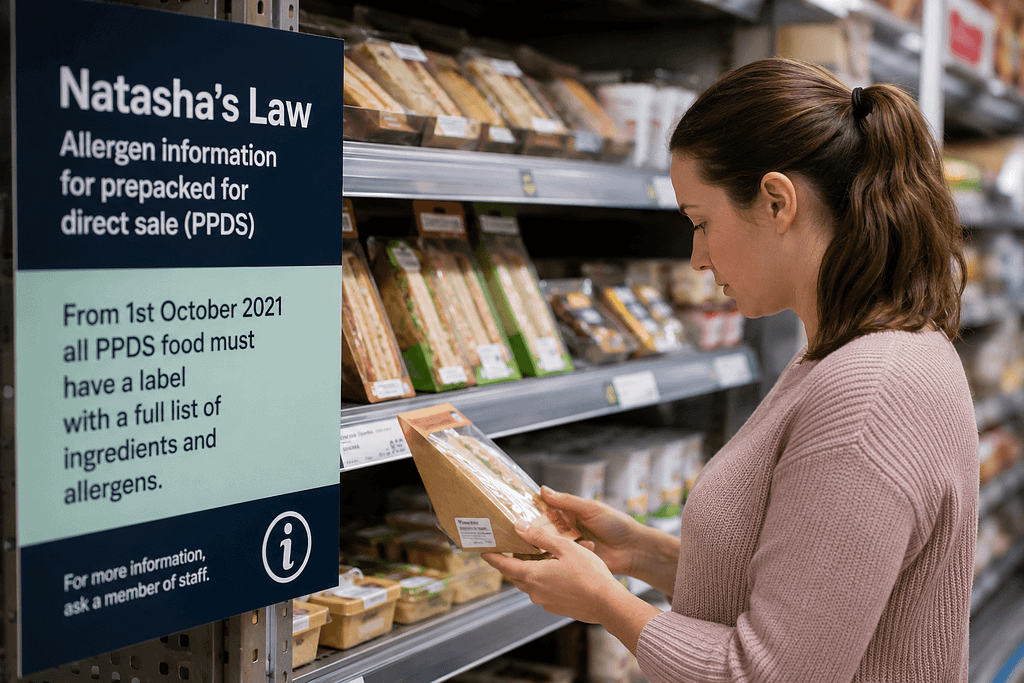 Shopper checking allergen information on a prepacked food product in a supermarket