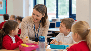 Teacher supervising pupils during lunchtime in a primary school classroom