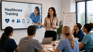 Healthcare professionals attending a workplace training session led by an instructor