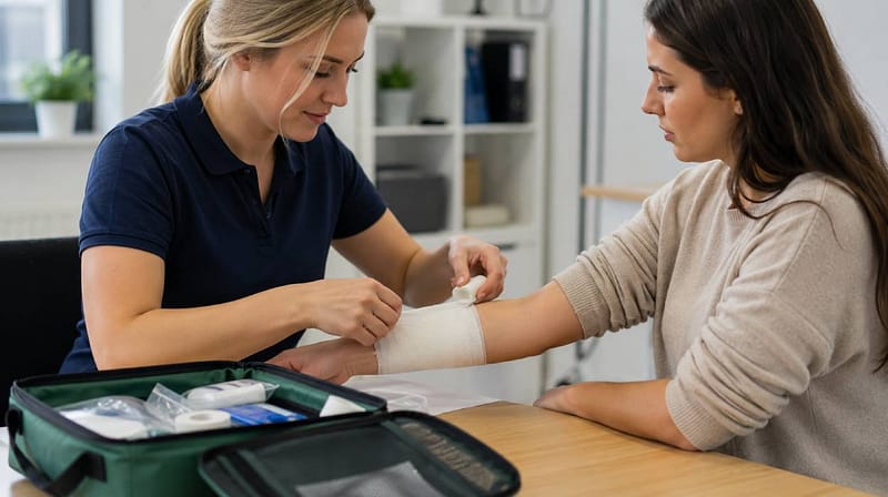 First aider applying a bandage to a colleague's arm with a first aid kit open on the table in a workplace training environment.