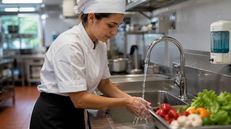 Chef washing hands at a stainless steel sink before preparing food in a clean commercial kitchen.