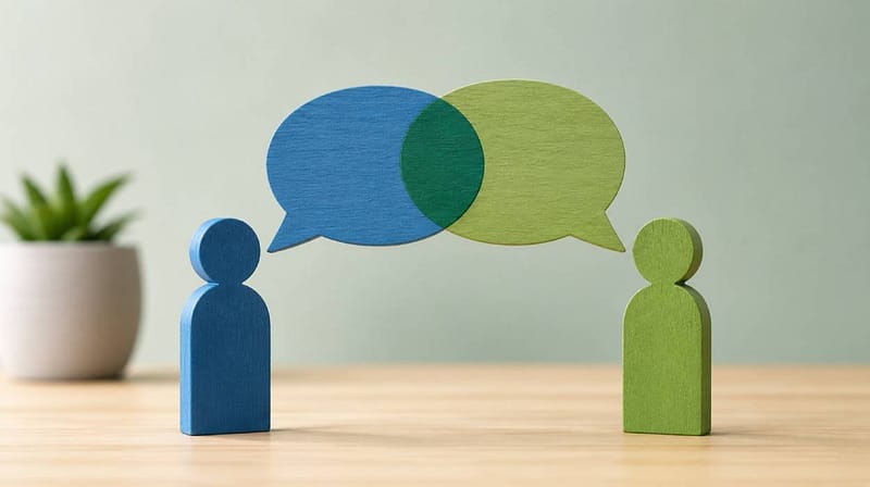 Conceptual image showing two figures connected by overlapping speech bubbles to represent clear communication and understanding.