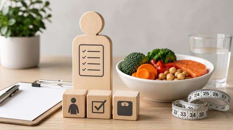 Image showing healthy food, nutritional assessment tools and a patient figure representing malnutrition screening.