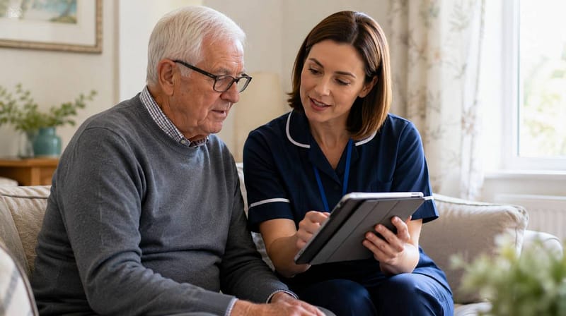 Care professional reviewing information on a tablet with an older man to support informed decision making in a care setting.