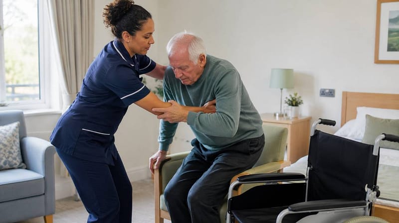 Care worker safely assisting an elderly man from a chair with a wheelchair positioned nearby in a bright care home.