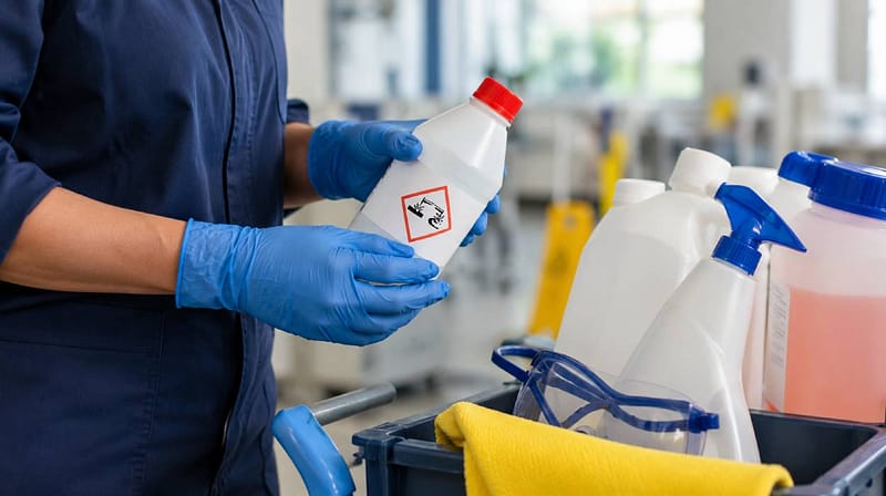 Worker wearing protective gloves checking a hazardous substance container alongside workplace cleaning equipment.
