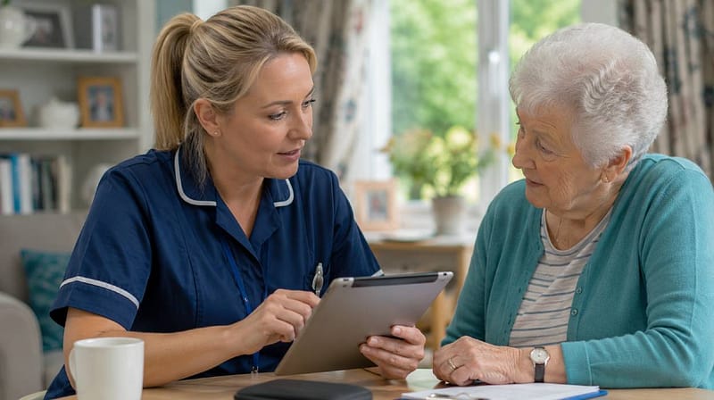 Care worker using a tablet to record care notes while speaking with an elderly resident in a care home.