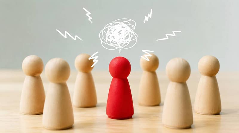 Conceptual image showing a central wooden figure surrounded by others with abstract stress symbols representing challenging behaviours.