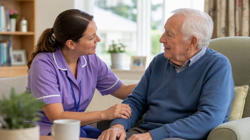 Care worker providing reassurance and support to an elderly man in a comfortable care home environment.
