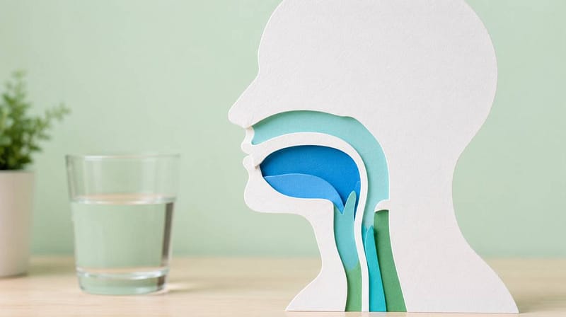 Conceptual illustration of the head, mouth and throat highlighting swallowing and communication pathways with a glass of water.