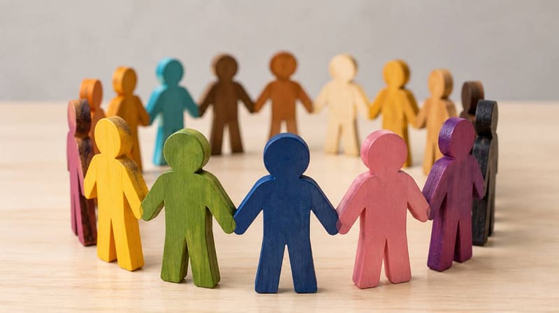 Colourful wooden figures standing together in a circle to represent equality, diversity and inclusion in the workplace.