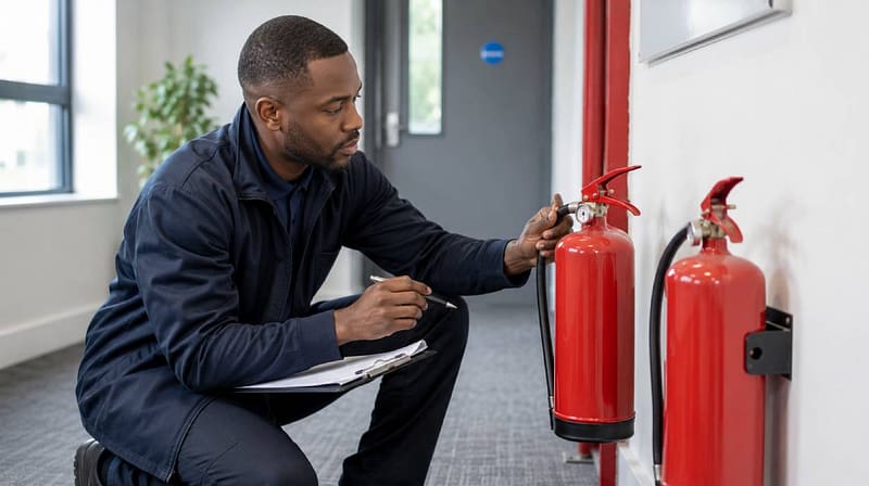 Workplace employee inspecting a fire extinguisher during a routine fire safety check in an office building.