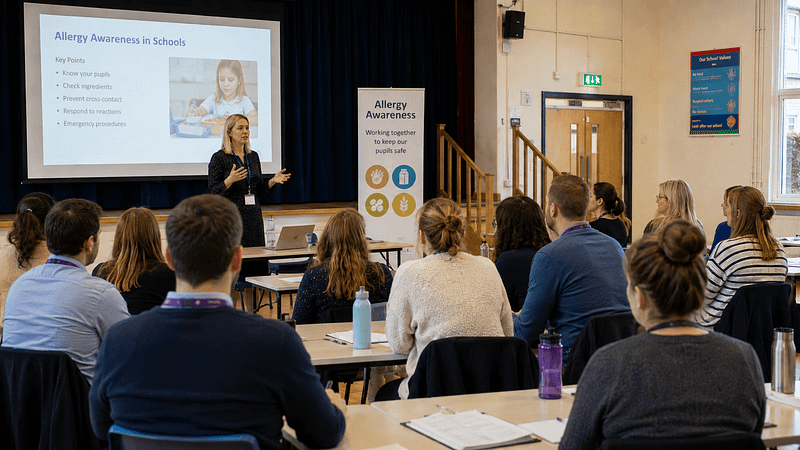 School staff attending an allergy awareness training session in a school hall