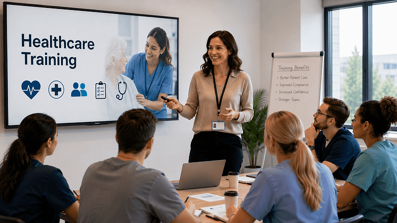 Healthcare professionals attending a workplace training session led by an instructor