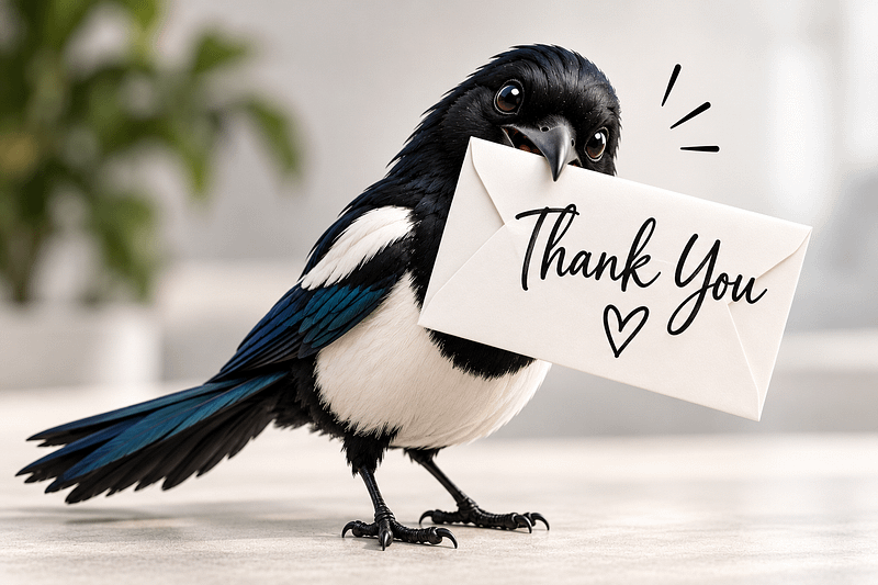 Black and white magpie standing beside a thank you card and envelope, welcoming visitors to Magpie Training.